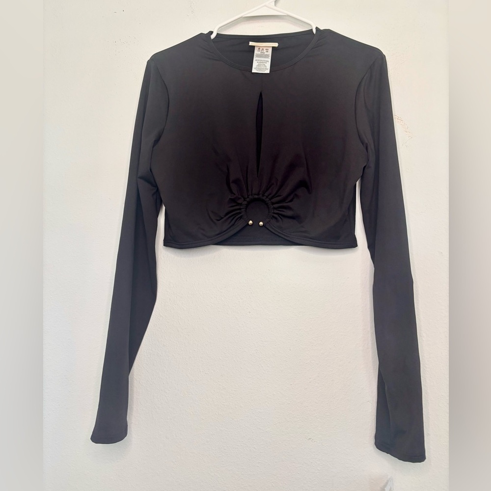 MICHAEL KORS BLACK LONG SLEEVE GOLD RING CROPPED SHIRT SZ XL
